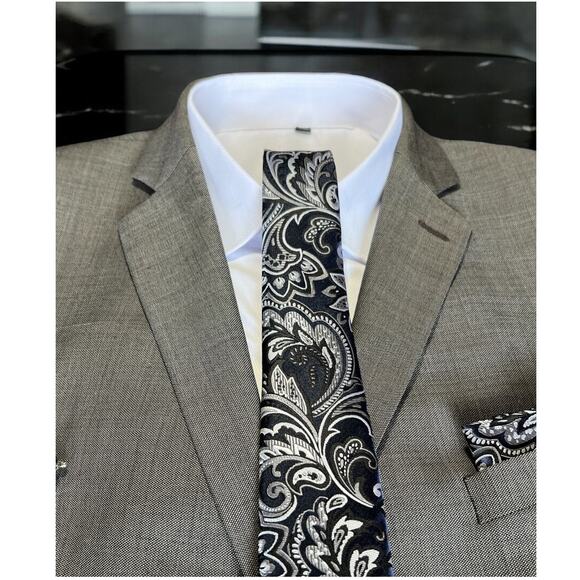 Men’s 3 Piece Tie Set Navy Blue Black Silver Pocket Square Cufflinks Tie - Picture 4 of 4